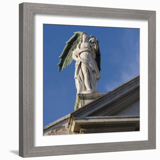 Scuola Grande Di San Fantin, Venice - Statue of Angel with Wings Above Pediment (Detail)-Mike Burton-Framed Photographic Print