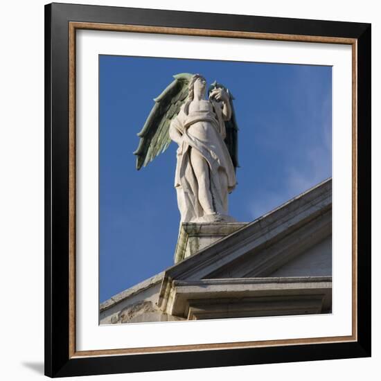 Scuola Grande Di San Fantin, Venice - Statue of Angel with Wings Above Pediment (Detail)-Mike Burton-Framed Photographic Print