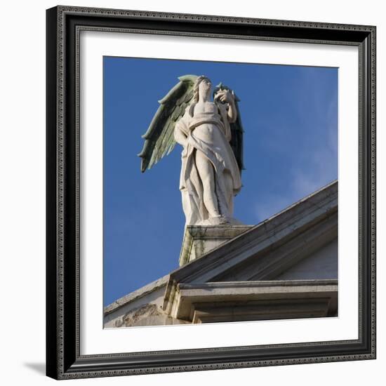 Scuola Grande Di San Fantin, Venice - Statue of Angel with Wings Above Pediment (Detail)-Mike Burton-Framed Photographic Print