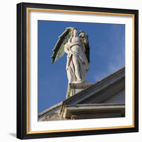 Scuola Grande Di San Fantin, Venice - Statue of Angel with Wings Above Pediment (Detail)-Mike Burton-Framed Photographic Print