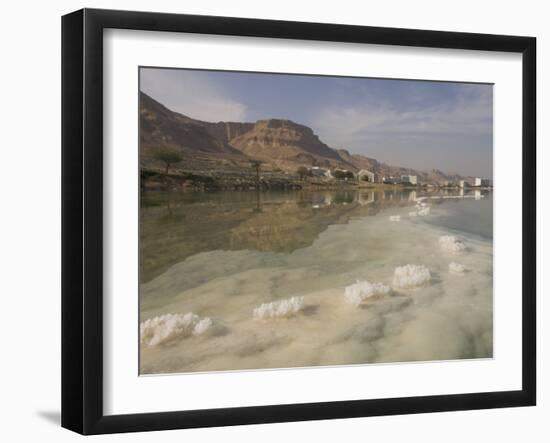 Sea and Salt Formations with Hotels and Desert Cliffs Beyond, Dead Sea, Israel, Middle East-Simanor Eitan-Framed Photographic Print