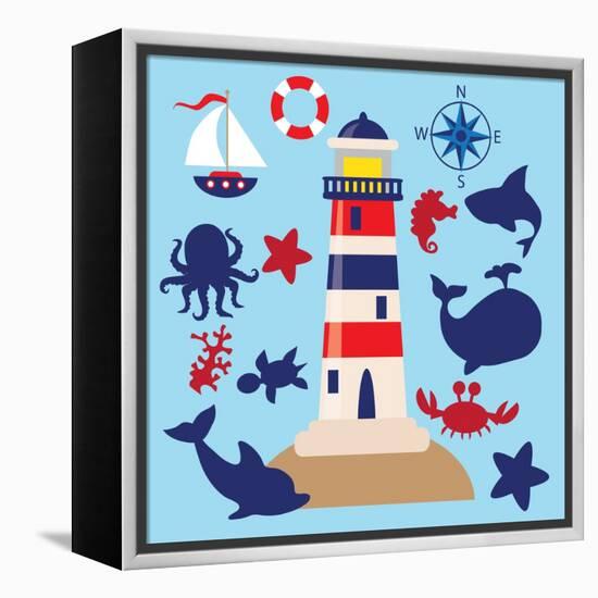 Sea Animal,Sea Horse,Jellyfish,Crab,Vector,Cartoon,Illustration-Svetlana Peskin-Framed Stretched Canvas