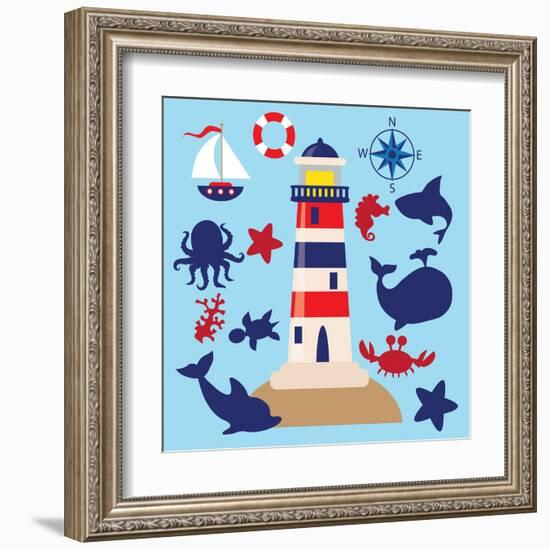 Sea Animal,Sea Horse,Jellyfish,Crab,Vector,Cartoon,Illustration-Svetlana Peskin-Framed Art Print