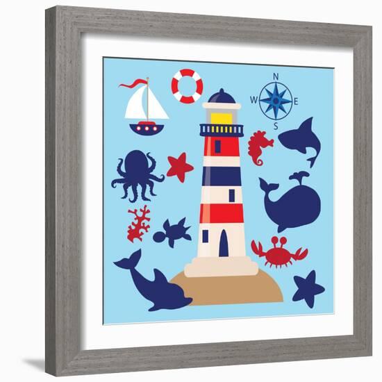 Sea Animal,Sea Horse,Jellyfish,Crab,Vector,Cartoon,Illustration-Svetlana Peskin-Framed Art Print