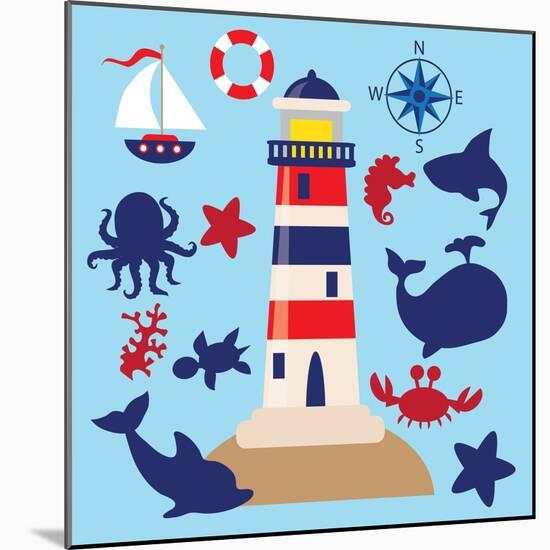 Sea Animal,Sea Horse,Jellyfish,Crab,Vector,Cartoon,Illustration-Svetlana Peskin-Mounted Art Print