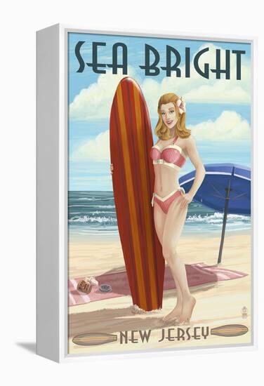 Sea Bright, New Jersey - Surfer Pinup Girl-Lantern Press-Framed Stretched Canvas