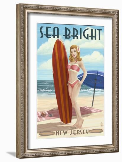 Sea Bright, New Jersey - Surfer Pinup Girl-Lantern Press-Framed Art Print