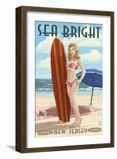 Sea Bright, New Jersey - Surfer Pinup Girl-Lantern Press-Framed Art Print