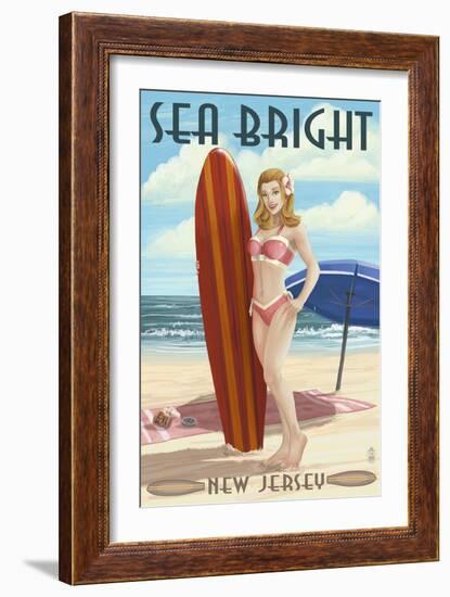 Sea Bright, New Jersey - Surfer Pinup Girl-Lantern Press-Framed Art Print