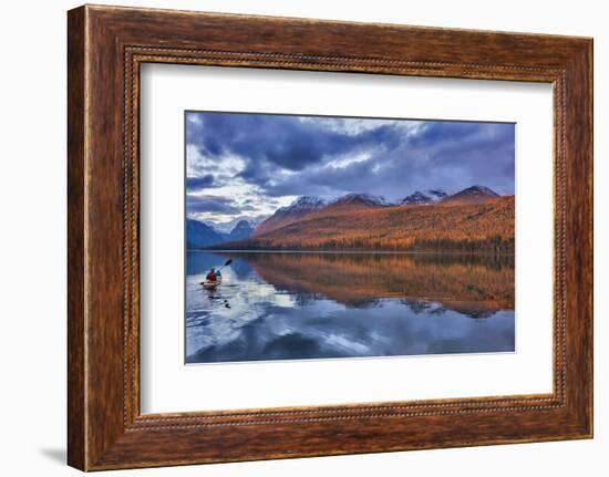 Sea kayaking on Bowman Lake in autumn in Glacier National Park, Montana, USA-Chuck Haney-Framed Photographic Print