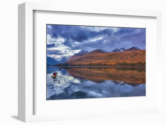 Sea kayaking on Bowman Lake in autumn in Glacier National Park, Montana, USA-Chuck Haney-Framed Photographic Print