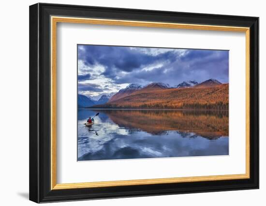 Sea kayaking on Bowman Lake in autumn in Glacier National Park, Montana, USA-Chuck Haney-Framed Photographic Print