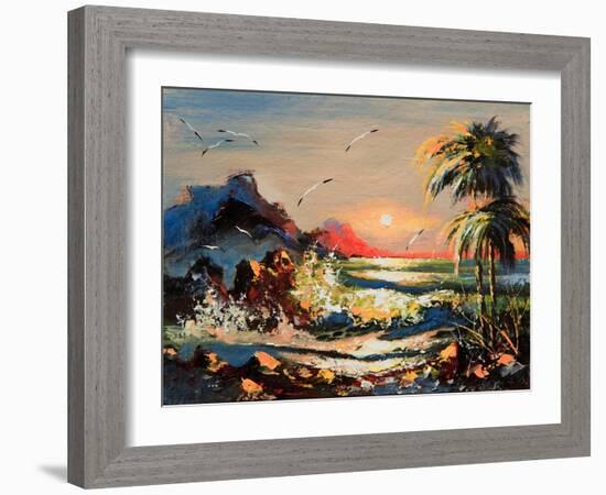 Sea Landscape With Palm Trees And Seagulls-balaikin2009-Framed Art Print