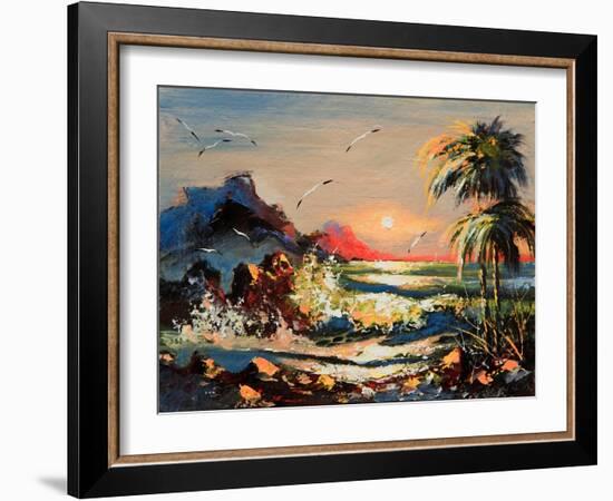 Sea Landscape With Palm Trees And Seagulls-balaikin2009-Framed Art Print