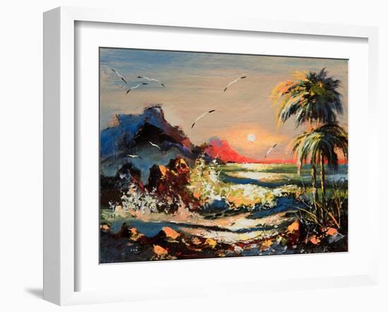 Sea Landscape With Palm Trees And Seagulls-balaikin2009-Framed Art Print