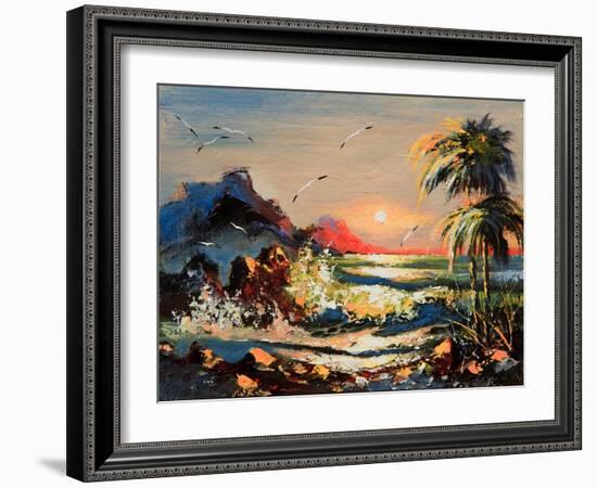 Sea Landscape With Palm Trees And Seagulls-balaikin2009-Framed Art Print