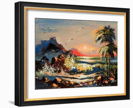 Sea Landscape With Palm Trees And Seagulls-balaikin2009-Framed Art Print