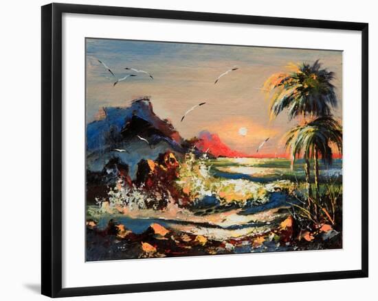 Sea Landscape With Palm Trees And Seagulls-balaikin2009-Framed Art Print