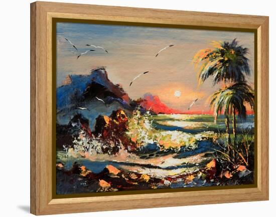 Sea Landscape With Palm Trees And Seagulls-balaikin2009-Framed Stretched Canvas