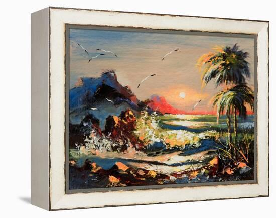 Sea Landscape With Palm Trees And Seagulls-balaikin2009-Framed Stretched Canvas