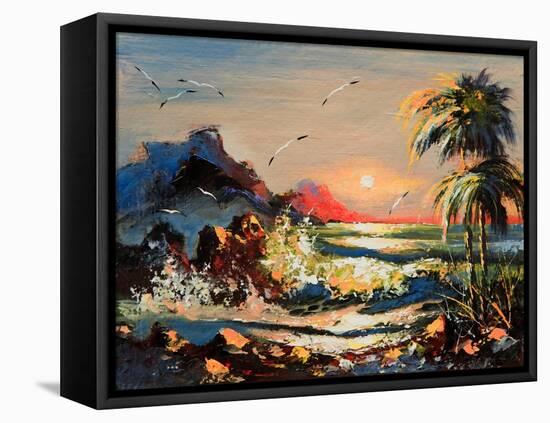 Sea Landscape With Palm Trees And Seagulls-balaikin2009-Framed Stretched Canvas