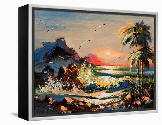 Sea Landscape With Palm Trees And Seagulls-balaikin2009-Framed Stretched Canvas