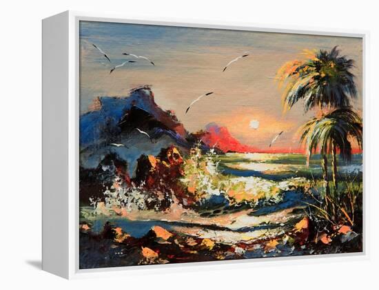 Sea Landscape With Palm Trees And Seagulls-balaikin2009-Framed Stretched Canvas