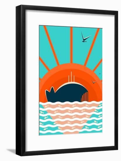 Sea Landscape with Whale Background. Graphic and Bright. Layered Vector Eps8 Illustration.-Popmarleo-Framed Art Print