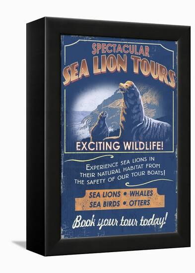 Sea Lion - Vintage Sign-Lantern Press-Framed Stretched Canvas