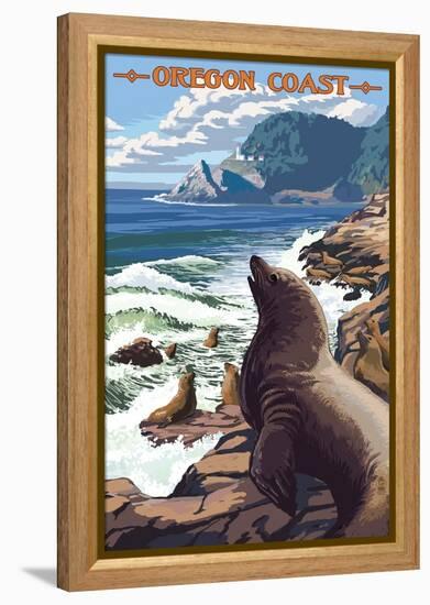 Sea Lions and Lighthouse - Oregon Coast-Lantern Press-Framed Stretched Canvas