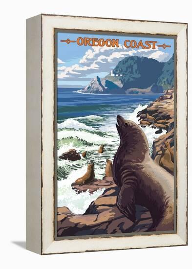 Sea Lions and Lighthouse - Oregon Coast-Lantern Press-Framed Stretched Canvas