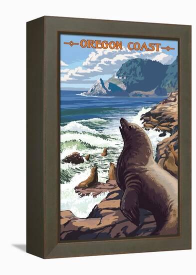 Sea Lions and Lighthouse - Oregon Coast-Lantern Press-Framed Stretched Canvas