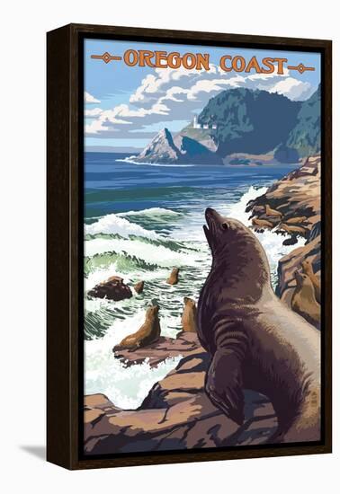 Sea Lions and Lighthouse - Oregon Coast-Lantern Press-Framed Stretched Canvas