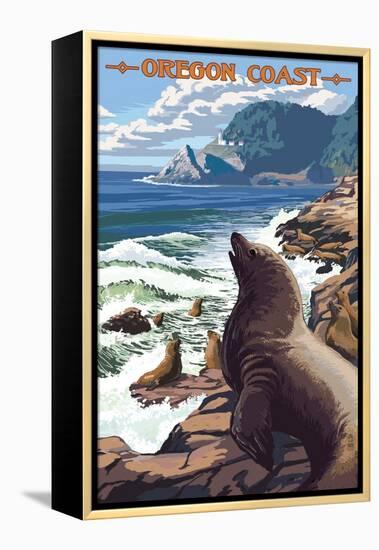 Sea Lions and Lighthouse - Oregon Coast-Lantern Press-Framed Stretched Canvas