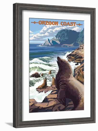 Sea Lions and Lighthouse - Oregon Coast-Lantern Press-Framed Art Print