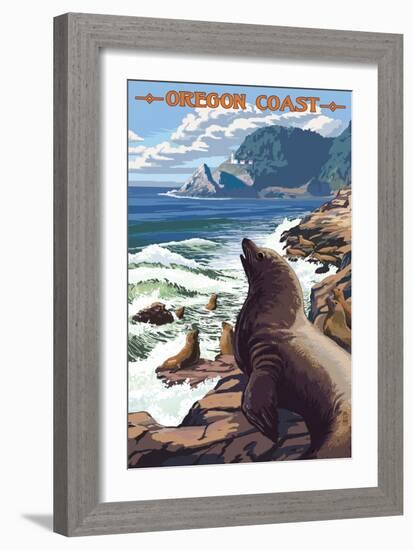 Sea Lions and Lighthouse - Oregon Coast-Lantern Press-Framed Art Print