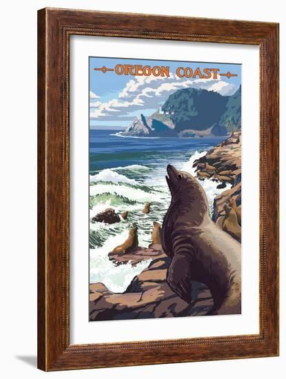 Sea Lions and Lighthouse - Oregon Coast-Lantern Press-Framed Art Print