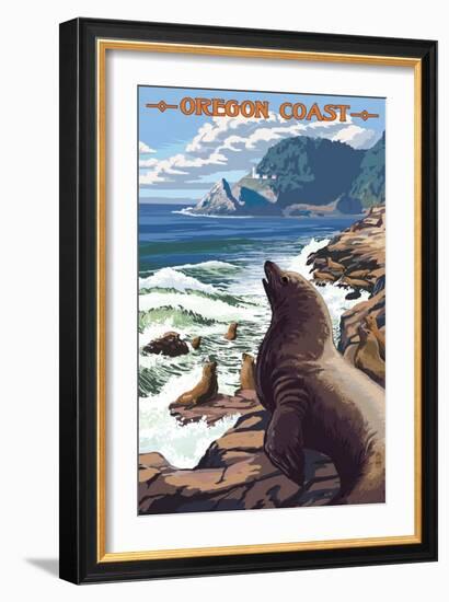 Sea Lions and Lighthouse - Oregon Coast-Lantern Press-Framed Art Print