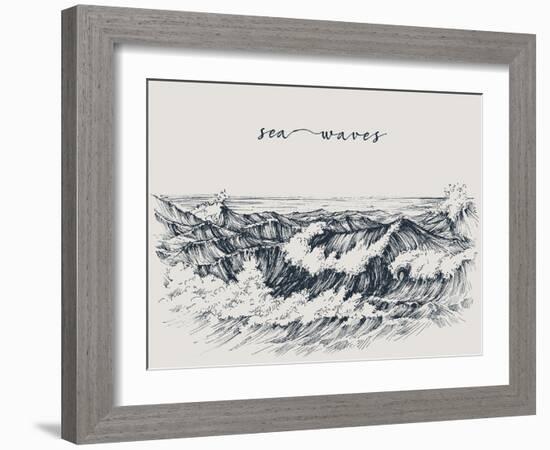 Sea or Ocean Waves Drawing. Sea View, Waves Breaking on the Beach-Danussa-Framed Art Print