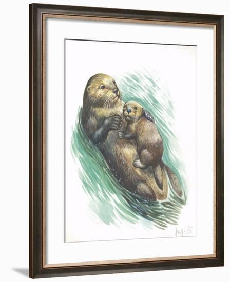 Sea Otter Enhydra Lutris Resting with Cub in Water-null-Framed Giclee Print