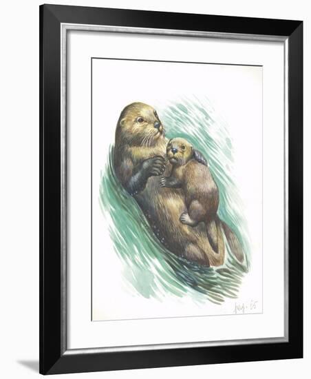 Sea Otter Enhydra Lutris Resting with Cub in Water-null-Framed Giclee Print