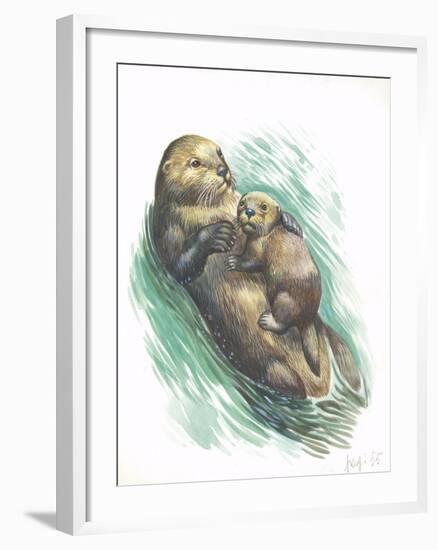 Sea Otter Enhydra Lutris Resting with Cub in Water-null-Framed Giclee Print