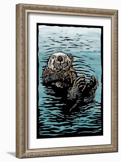 Sea Otter - Scratchboard-Lantern Press-Framed Art Print