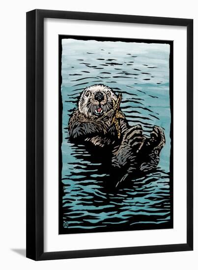 Sea Otter - Scratchboard-Lantern Press-Framed Art Print