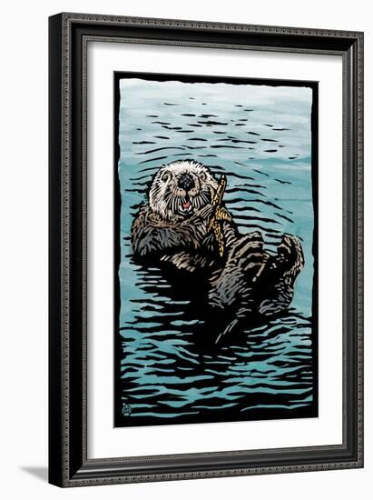 Sea Otter - Scratchboard-Lantern Press-Framed Art Print