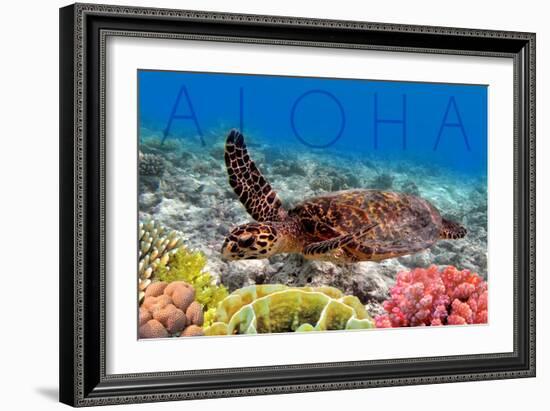 Sea Turtle and Coral - Aloha-Lantern Press-Framed Art Print