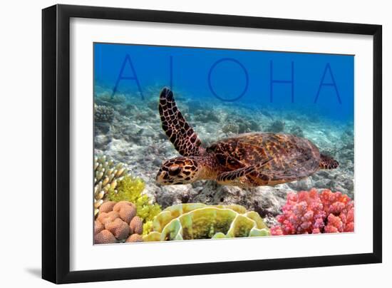 Sea Turtle and Coral - Aloha-Lantern Press-Framed Premium Giclee Print