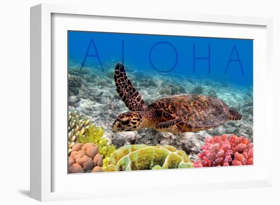 Sea Turtle and Coral - Aloha-Lantern Press-Framed Premium Giclee Print
