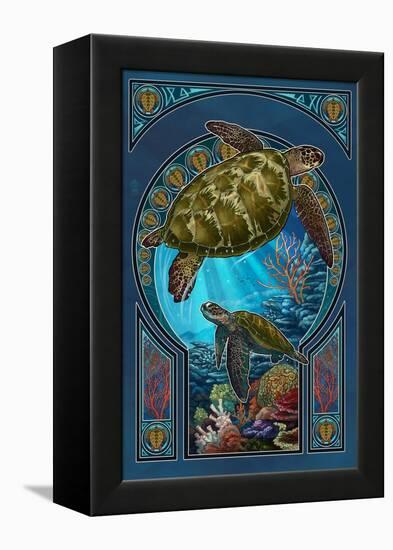 Sea Turtle - Art Nouveau-Lantern Press-Framed Stretched Canvas