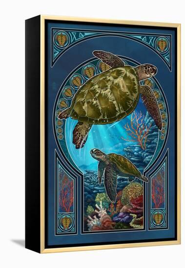 Sea Turtle - Art Nouveau-Lantern Press-Framed Stretched Canvas